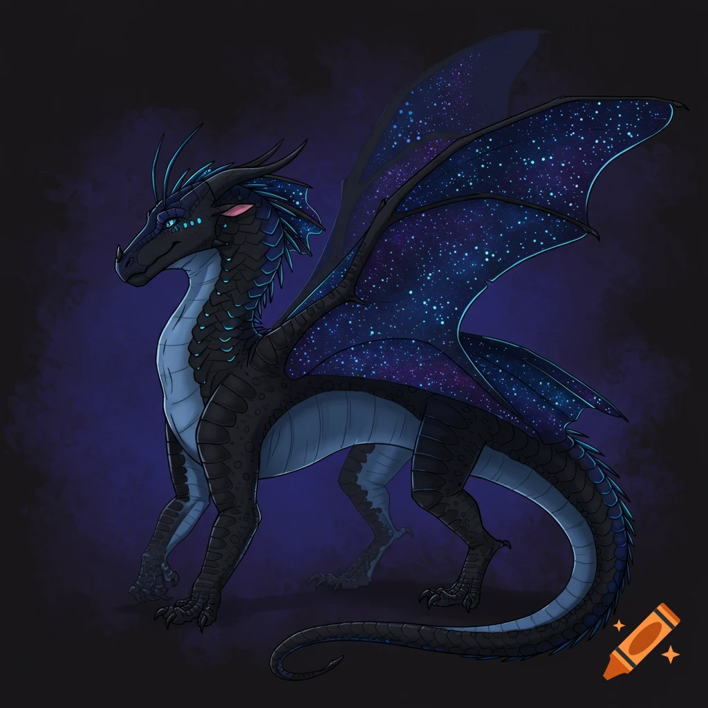 A black and blue dragon is depicted with wings that appear starry.