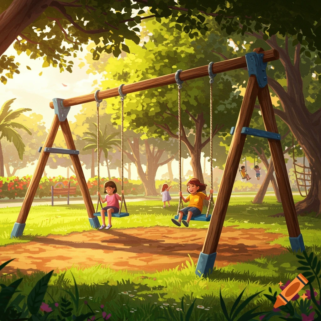 Children swinging on a swing set in a sunny park with lush trees.