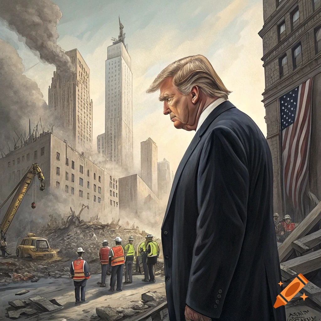 Donald Trump looks down on debris and workers in a city scene with smoke and an American flag.