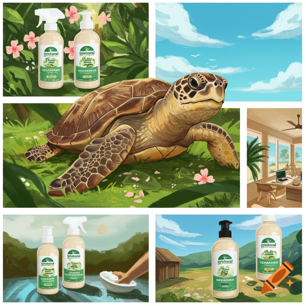 Collage with Galapagos turtle, cleaning products, nature scenes, indoor office.