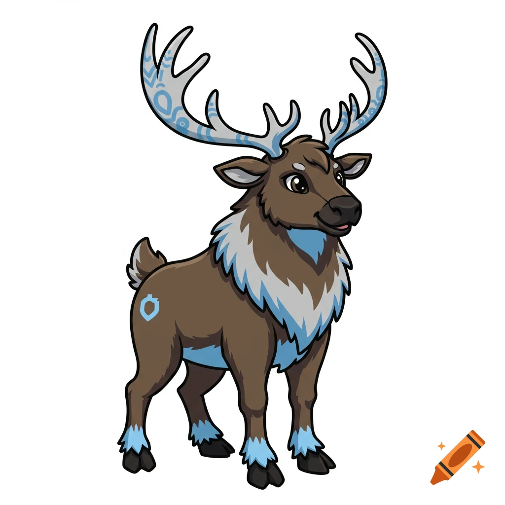 Cartoon caribou mascot with brown fur and decorative light blue and grey antlers and leg markings