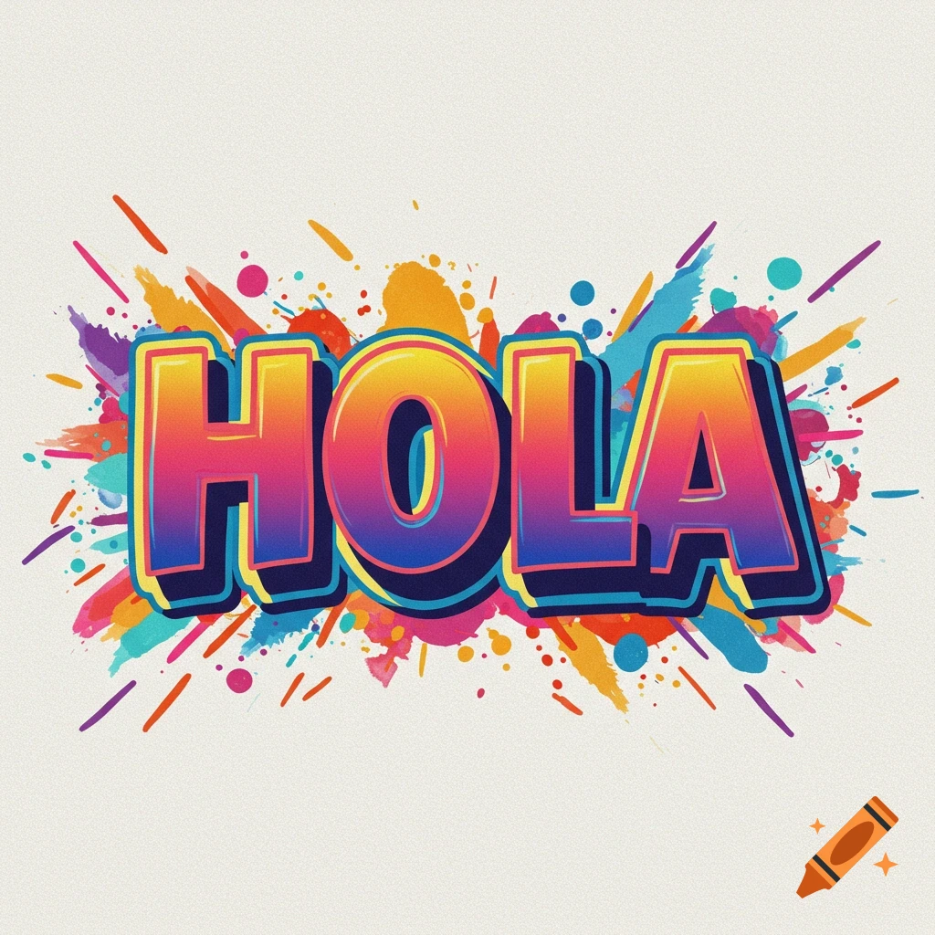 Colorful text 'HOLA' with vibrant paint splatter background.