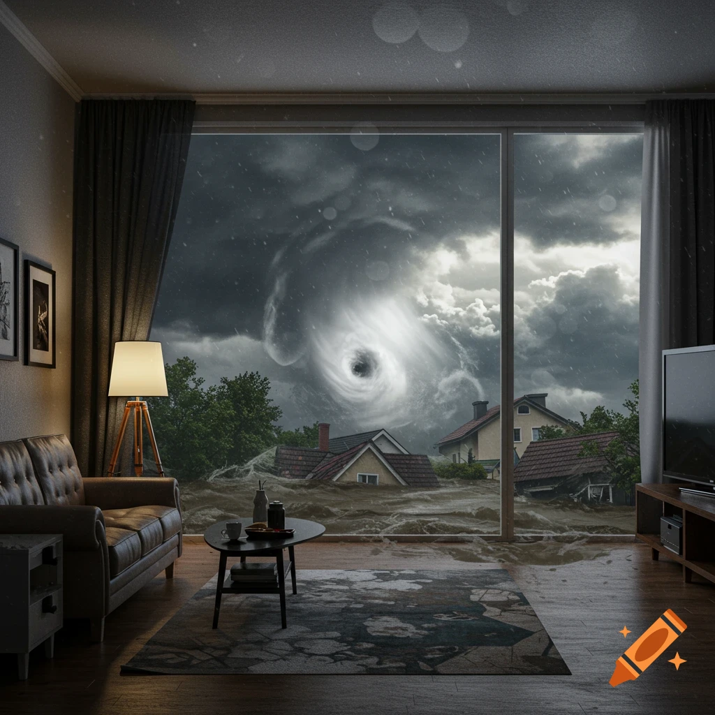 A room looking out a window at a hurricane and flood with submerged houses.