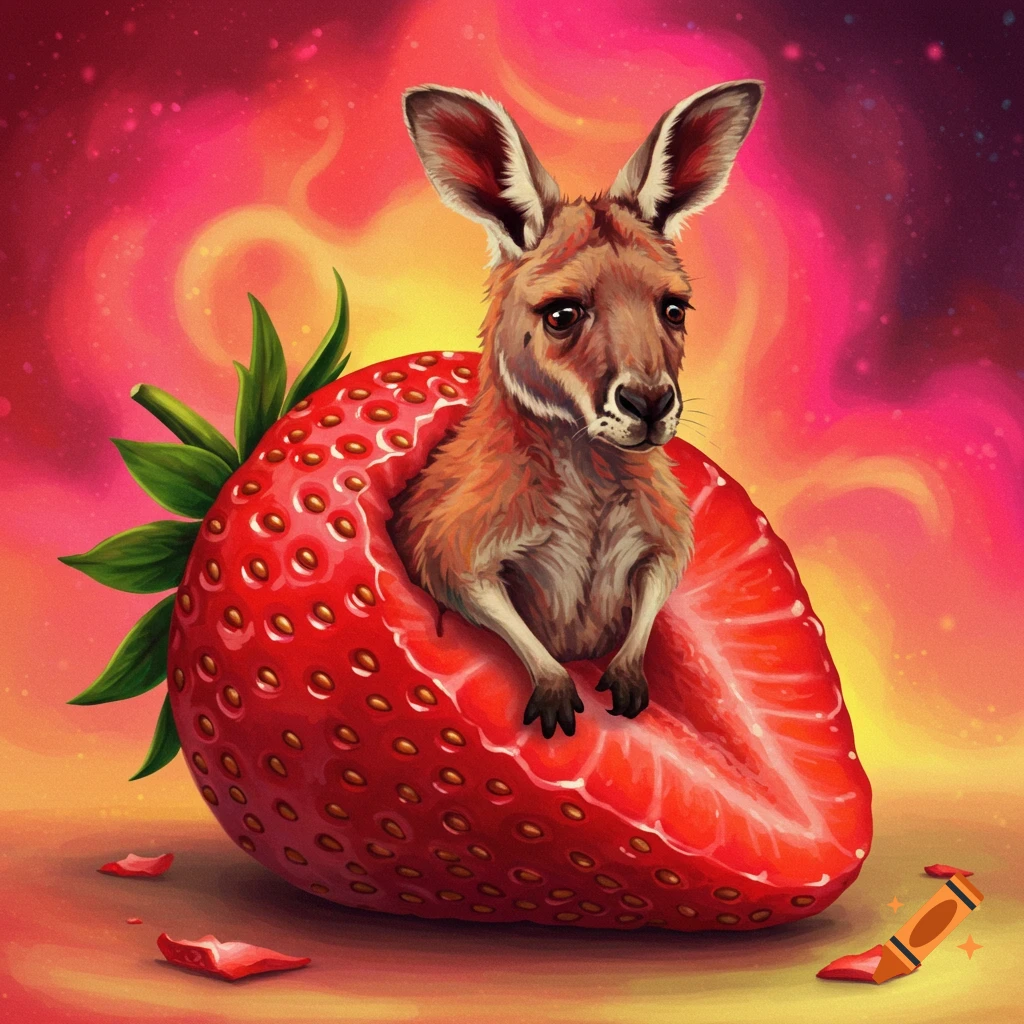 A kangaroo sitting in a sliced strawberry on a colorful background.