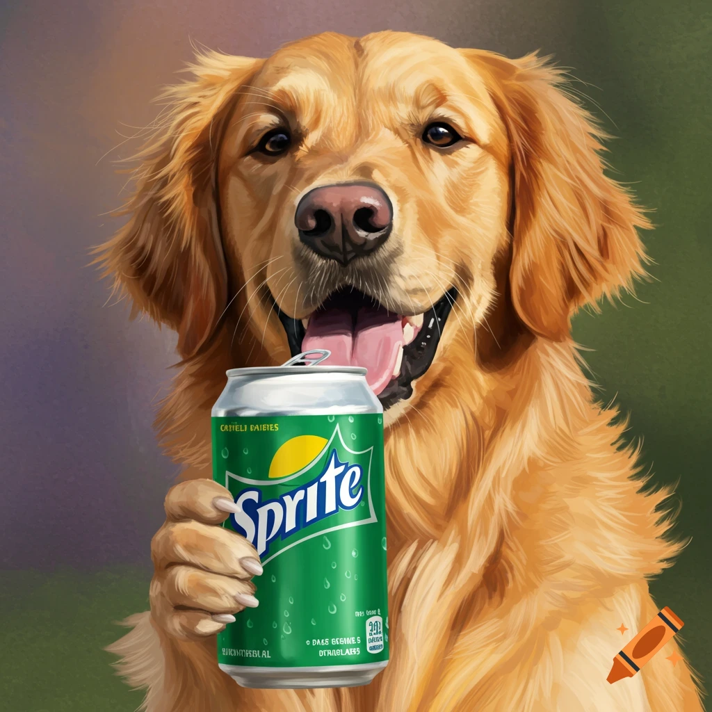 A golden retriever holding a Sprite can.