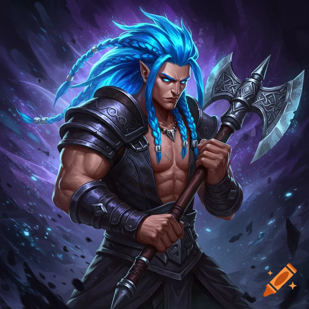 A muscular fantasy character with blue braided hair and elf ears holds a large axe.