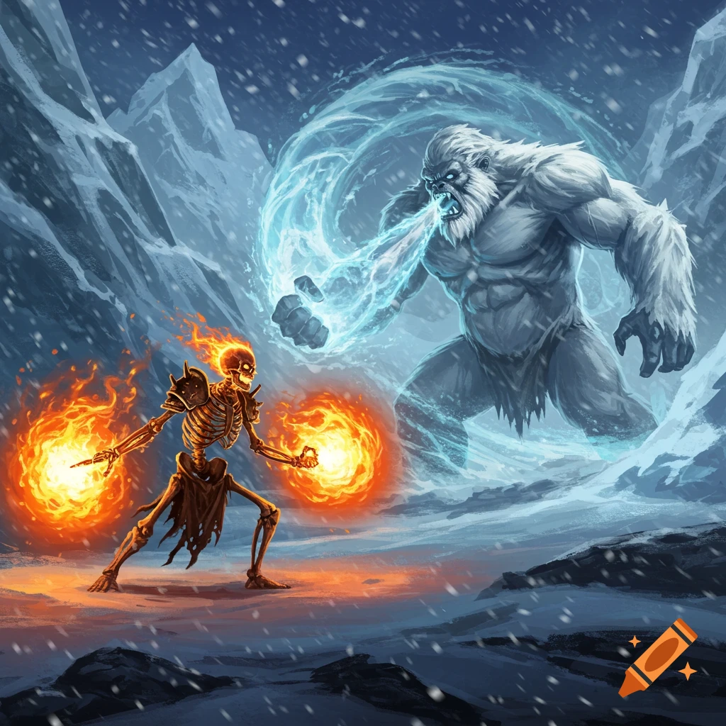 A skeleton wielding fire magic battles a yeti breathing ice in a snowy mountain landscape.