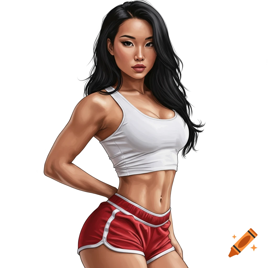 A fit Asian woman in a white sports bra and red shorts.