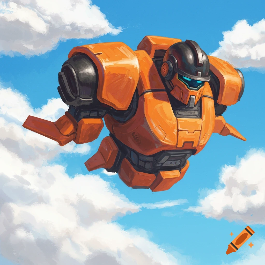 A large orange robot flies through a blue sky with clouds.