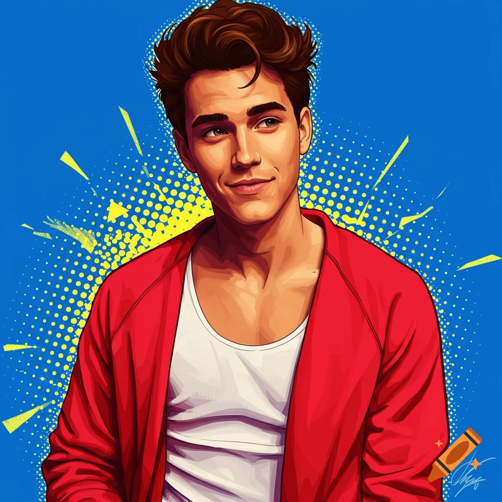 A young man in a red jacket and white tank top against a blue background with yellow shapes and dots.