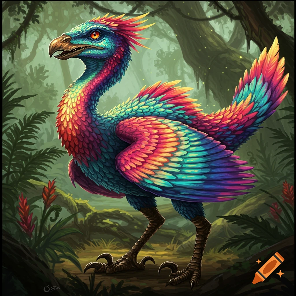 A vibrant, colorful bird-reptile hybrid creature standing in a lush jungle.