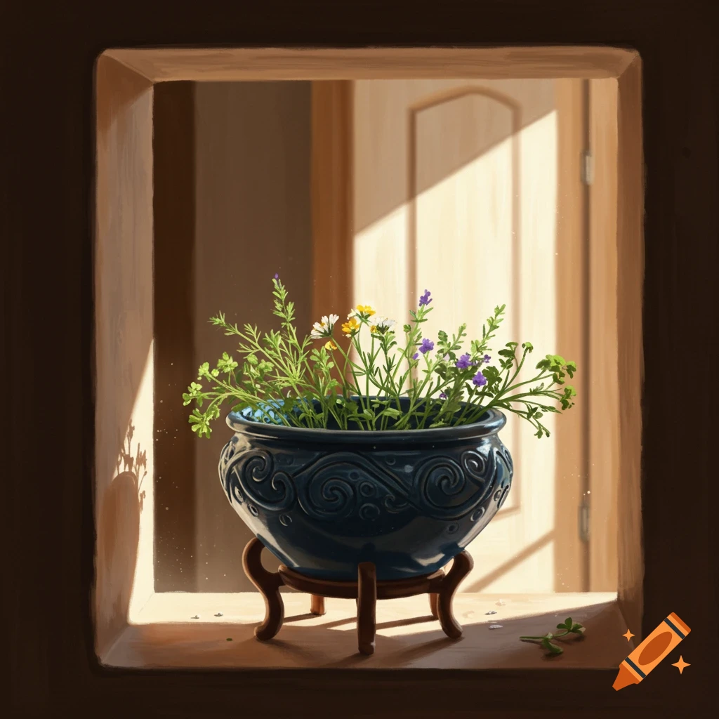 A potted plant sits on a windowsill, with light streaming through a nearby door.