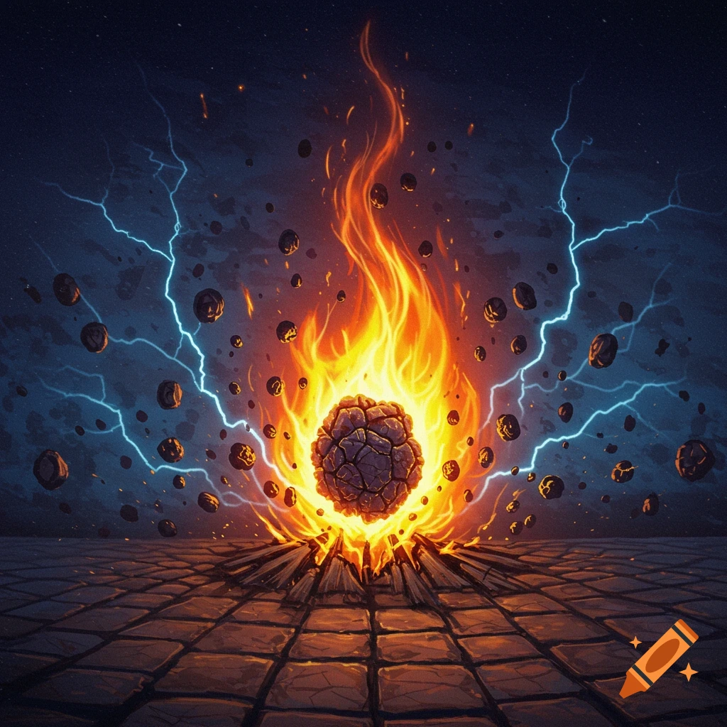 A stone orb erupts in fire and lightning on a tiled surface, debris flying.
