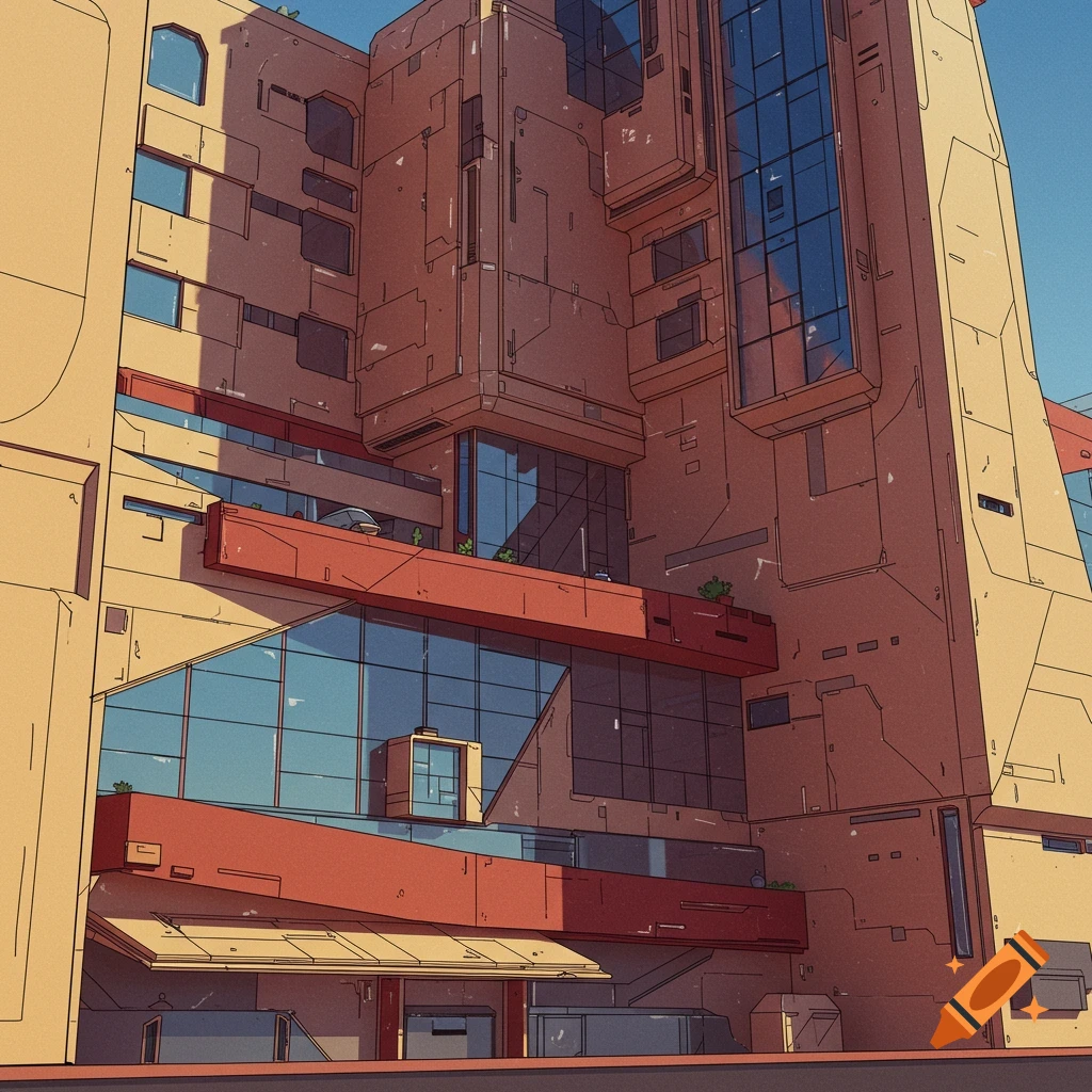 A high-tech building with angular architecture and large windows.