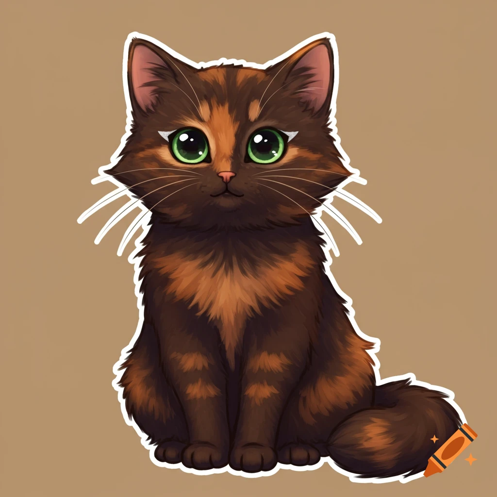 A cartoon sticker illustration of a tortoiseshell cat with large green eyes.