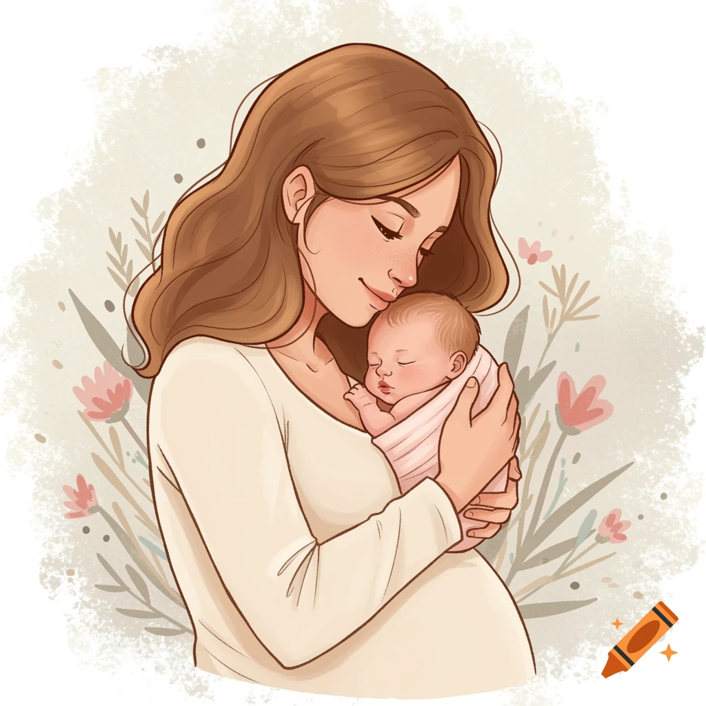 Illustration of a mother holding a swaddled newborn baby against a floral background.
