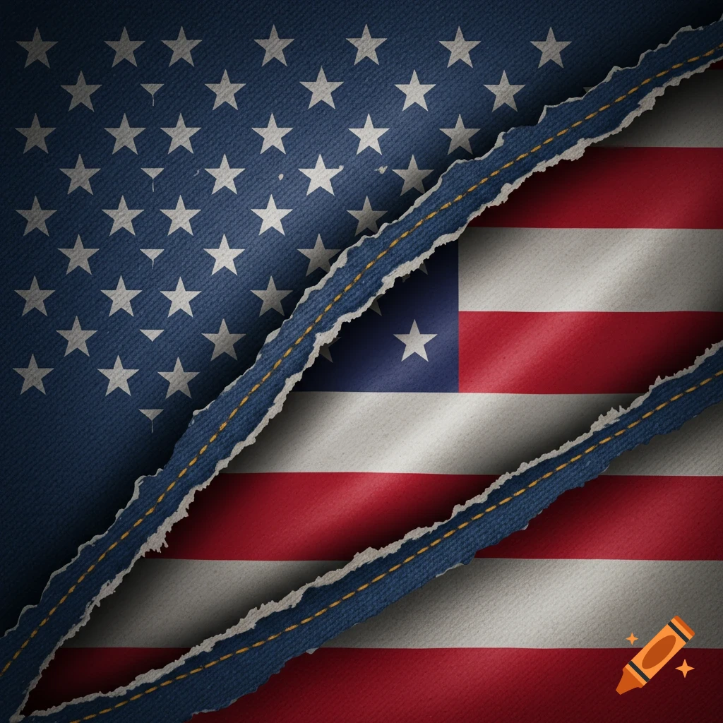 Torn denim fabric revealing the United States flag underneath