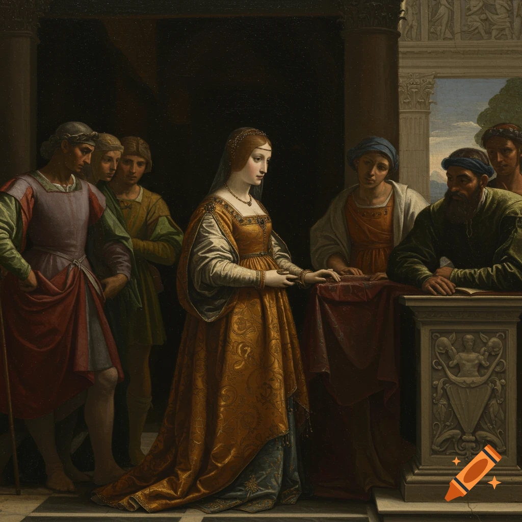 A painting in the style of the Renaissance shows a woman in a golden dress with several men around her in a classical setting.
