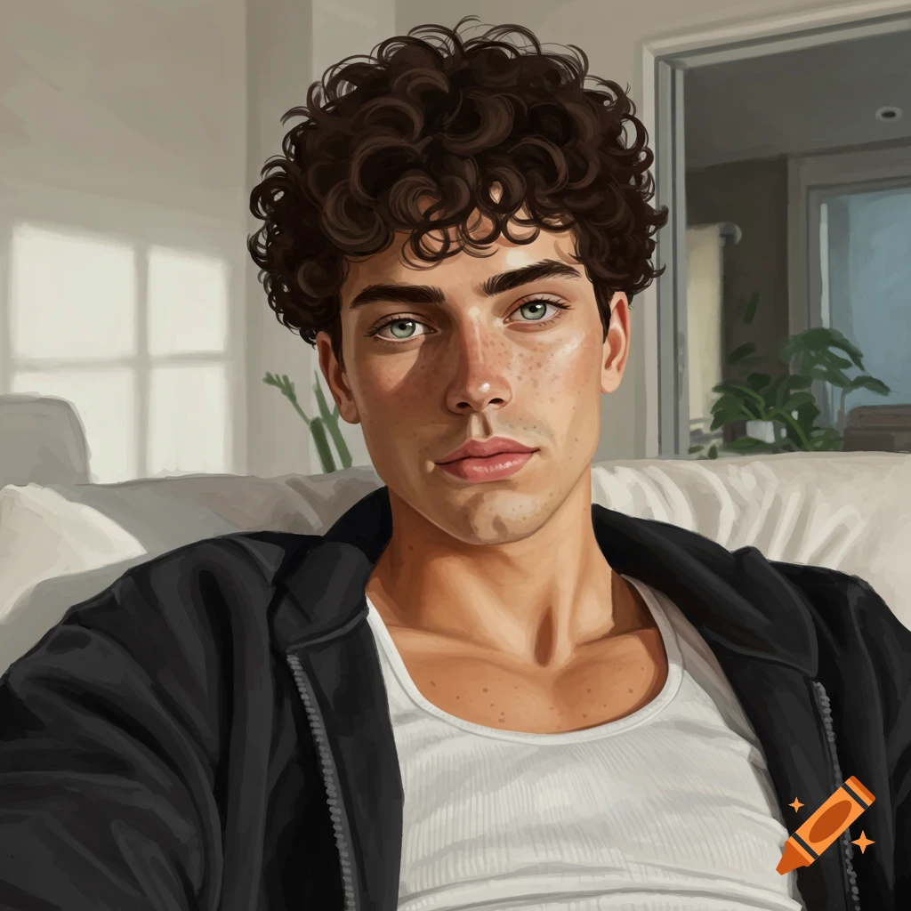 A young man with curly brown hair and green eyes is on a couch in a sunny room.