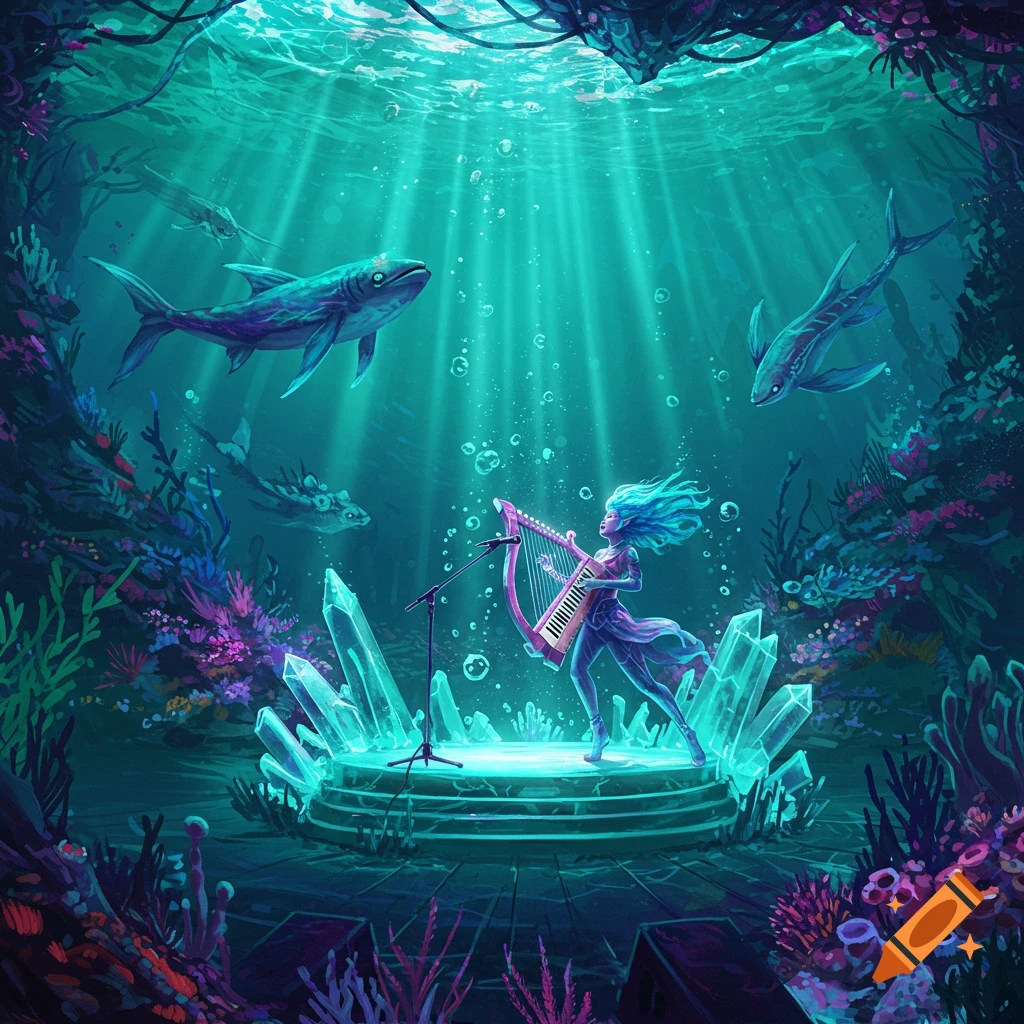 A blue-haired creature plays a harp on an underwater stage with sharks.