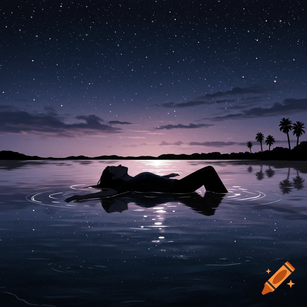 Silhouette of a person floating on back in calm water at night under a star-filled sky with palm trees in the distance.