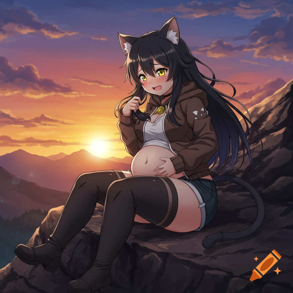Anime catgirl on a rock at sunset, touching her rounded belly.