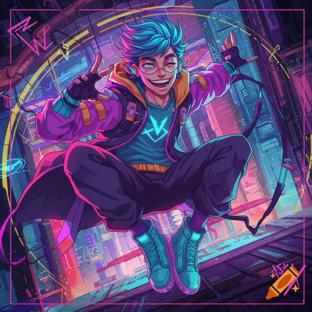 Anime style character jumping in a vibrant cyberpunk city