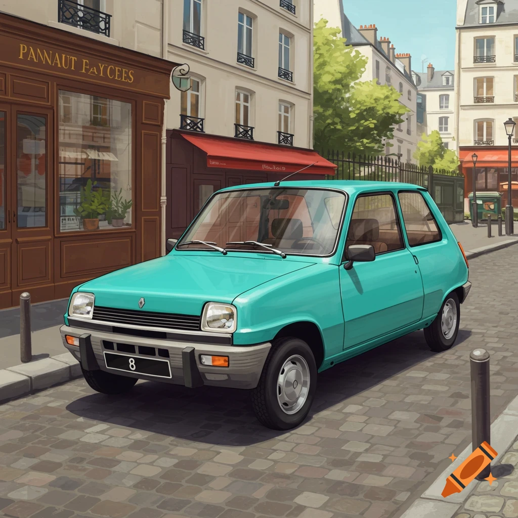 A turquoise classic French hatchback is parked on a cobblestone street in front of buildings.