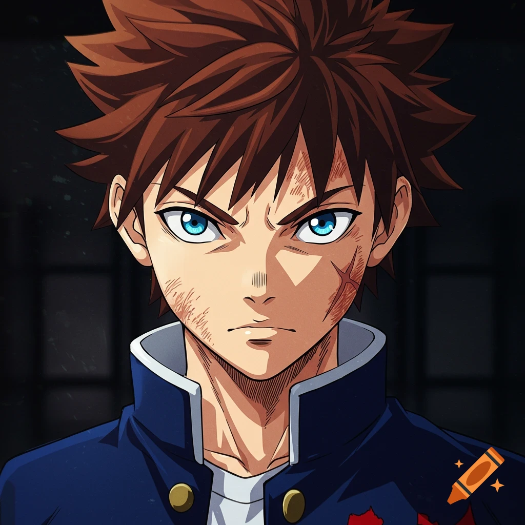 Anime portrait of a boy with brown spiky hair, blue eyes, and facial scratches and a scar.