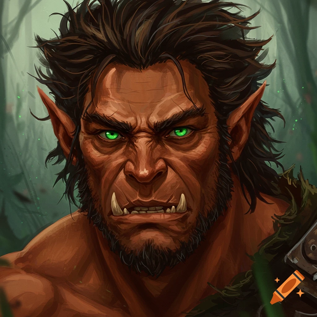 A male half-orc with green eyes and brown skin.