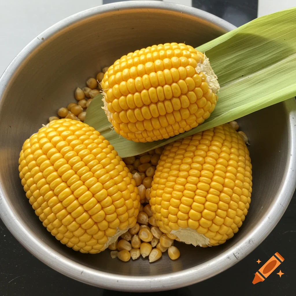 Three ears of corn and loose kernels in a metal bowl, close-up photo.