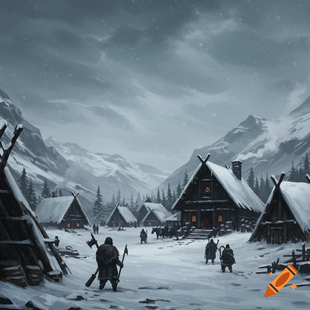 A snowy village nestled in a mountain valley during winter, with figures walking among wooden houses.