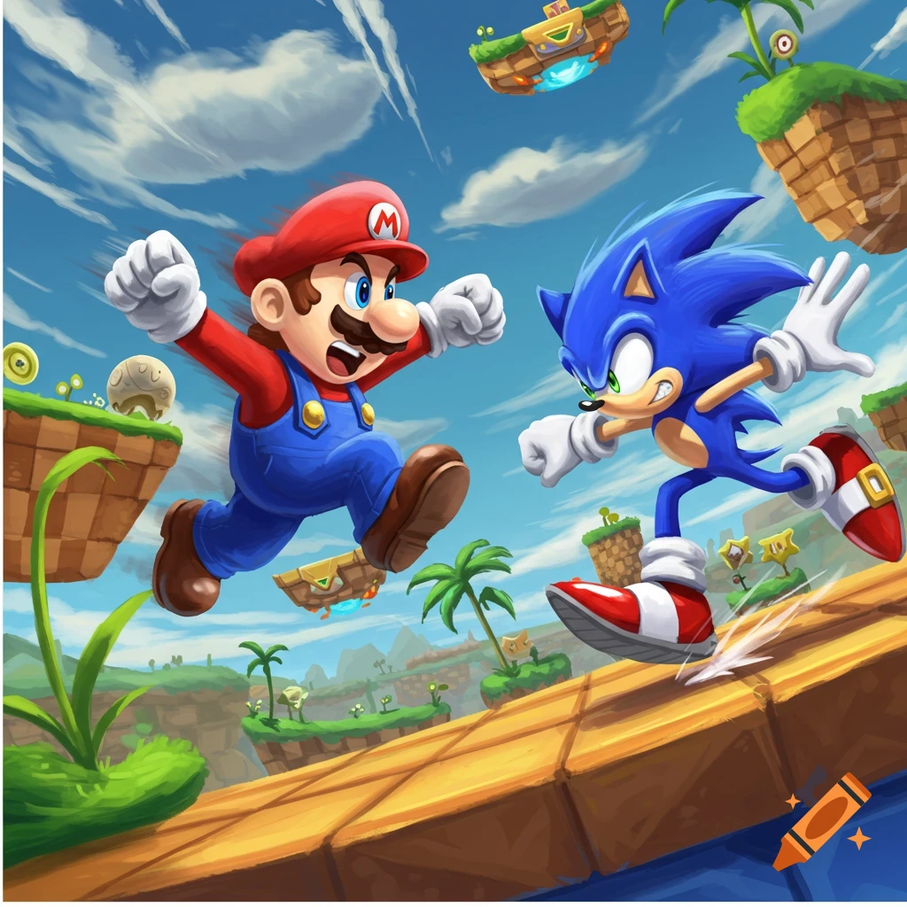 Mario and Sonic run towards each other in a colorful game level.
