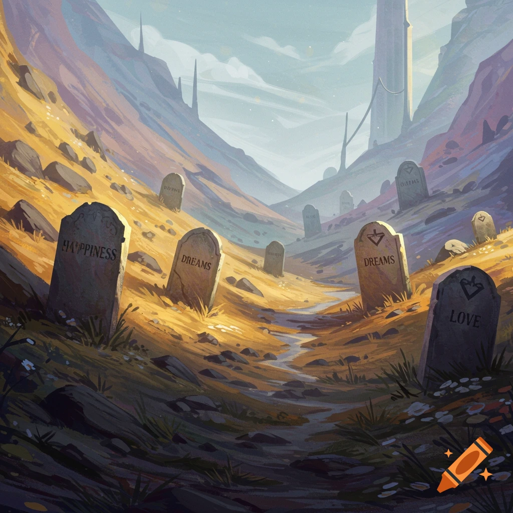 A valley landscape filled with tombstones labeled 'happiness', 'dreams', and 'love'.