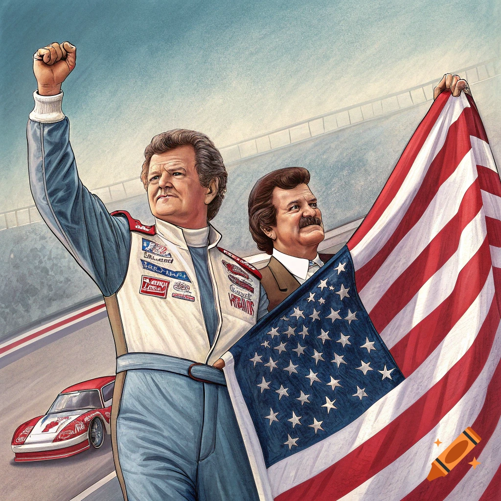Two men, one in a race suit raising a fist, the other holding an American flag, on a race track.