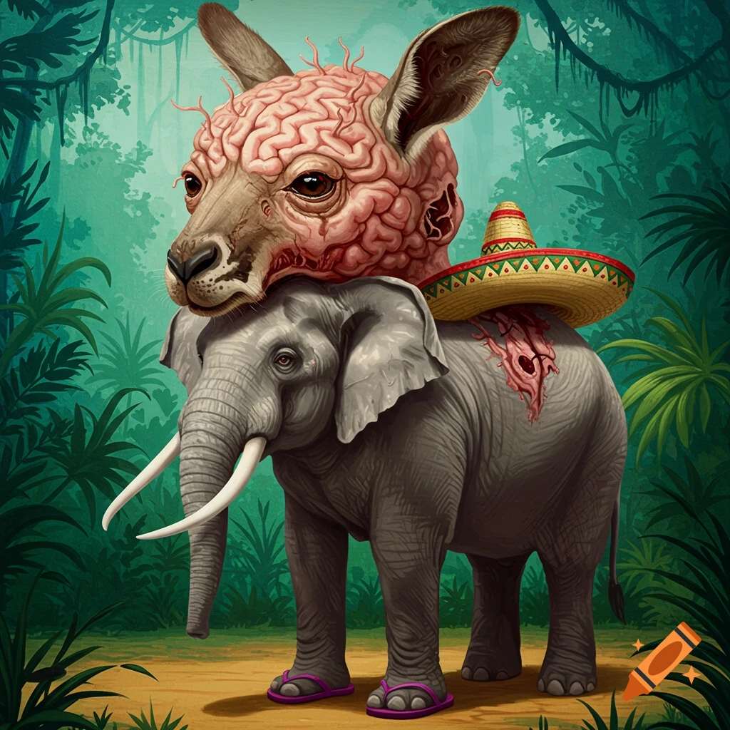 An elephant wearing flip-flops and a sombrero is carrying a kangaroo head with an exposed brain in a jungle.