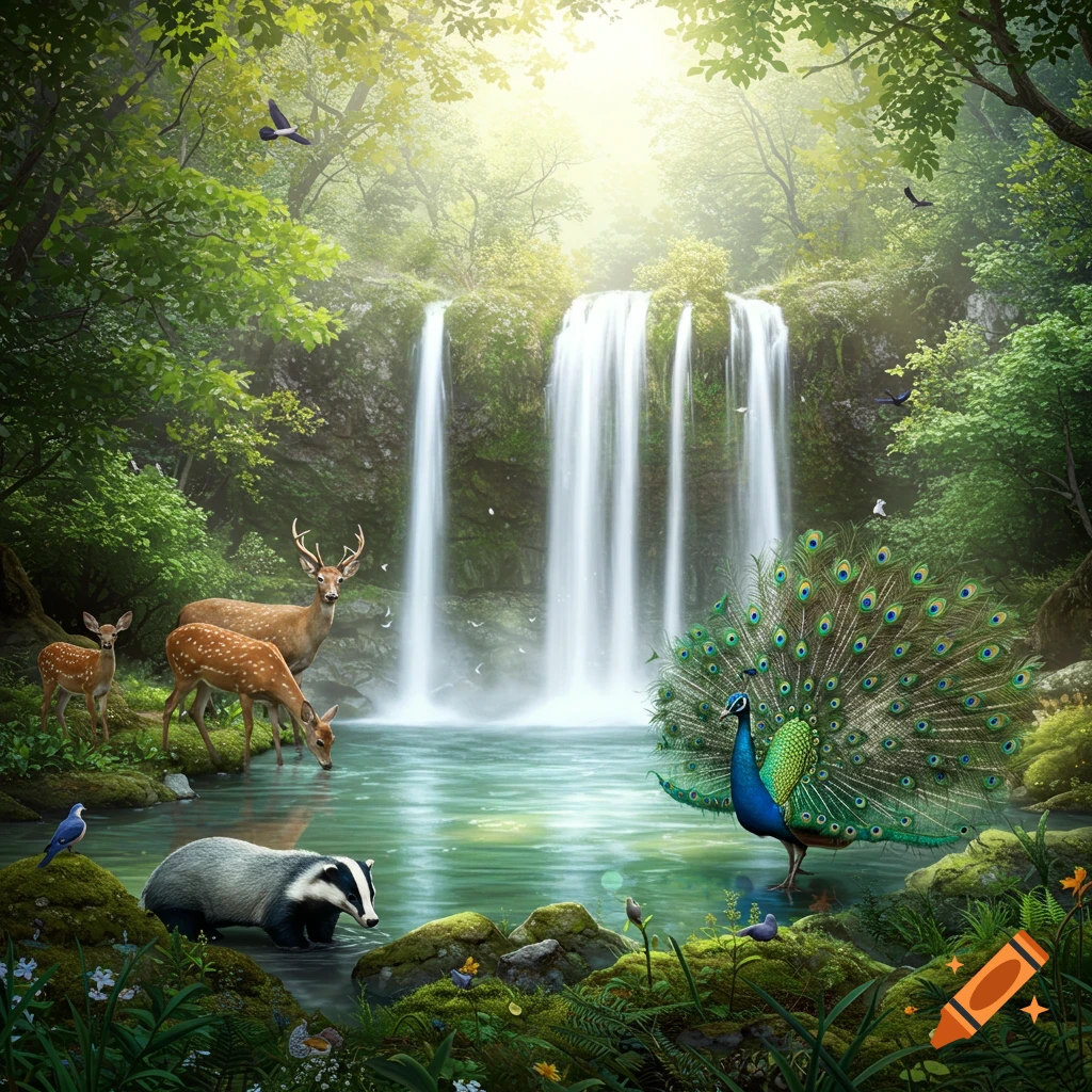 A waterfall in a lush forest with deer drinking, a badger, and a peacock displaying its feathers.