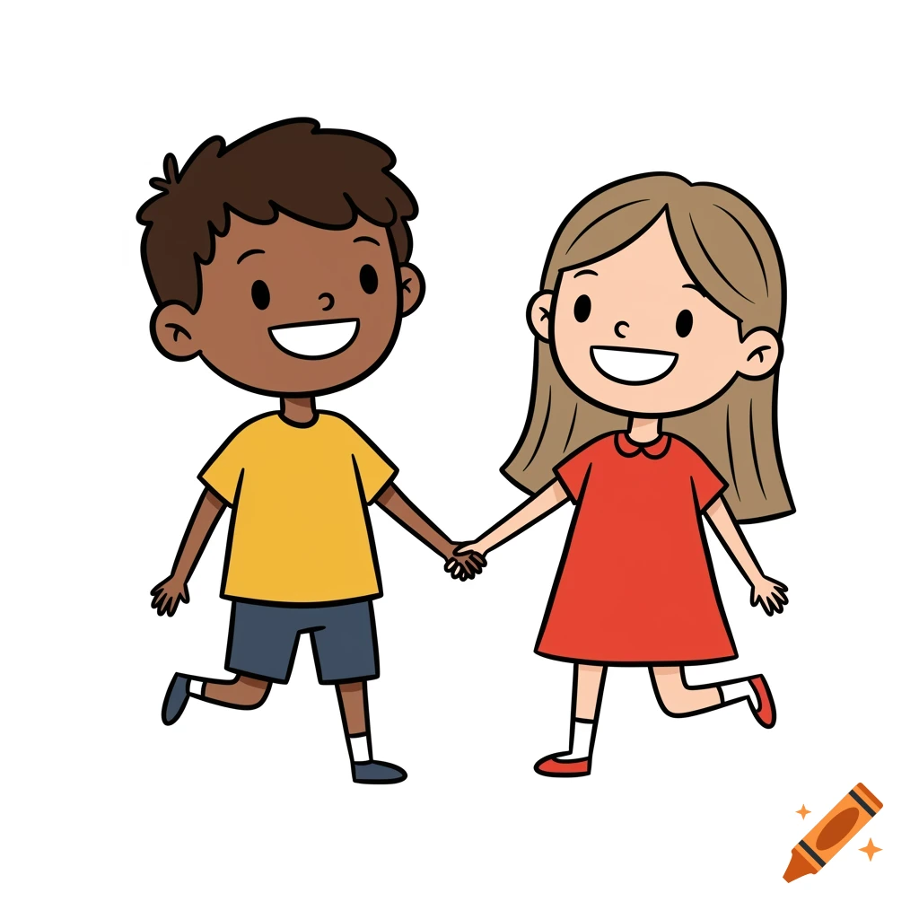 Cartoon illustration of a boy and girl holding hands