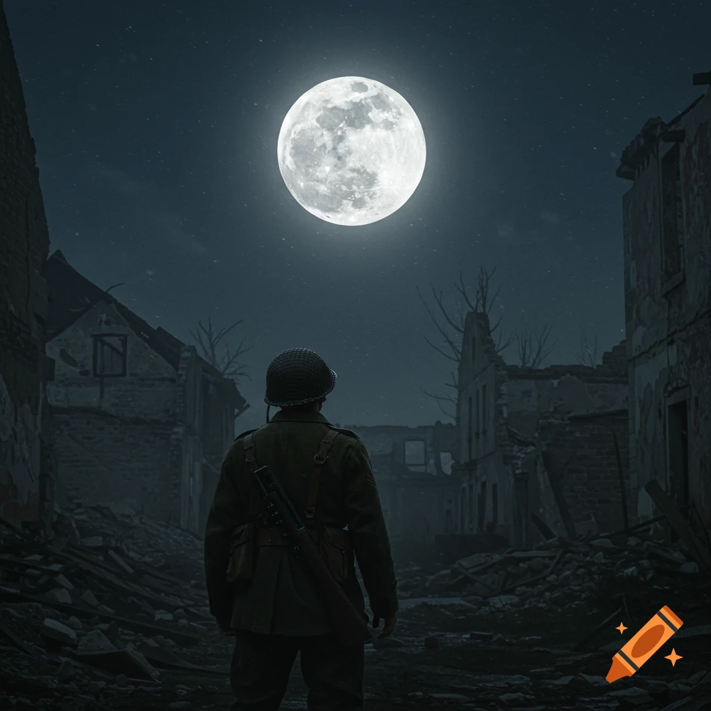 WW2 soldier looks at a large moon over a ruined village at night