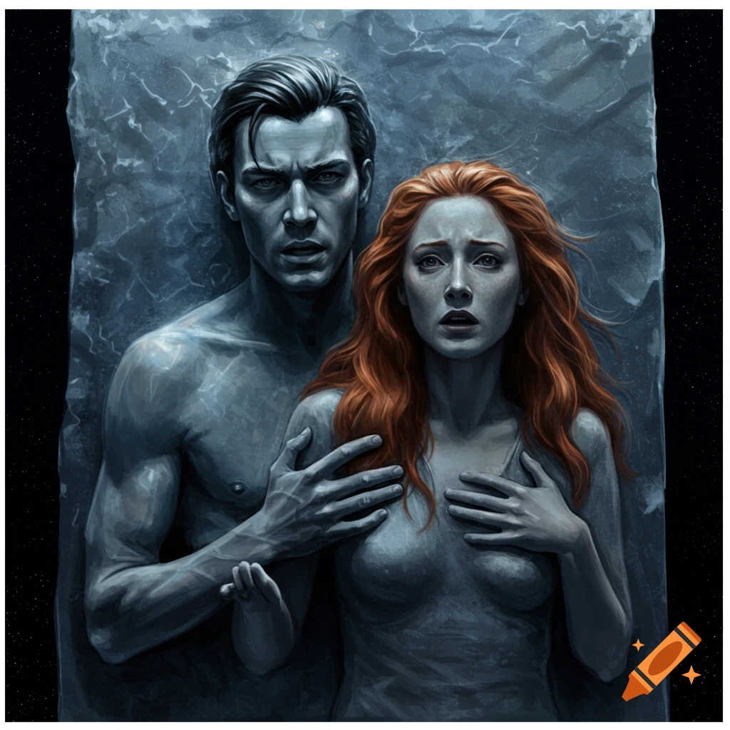 A man and woman trapped in a carbonite-like substance.