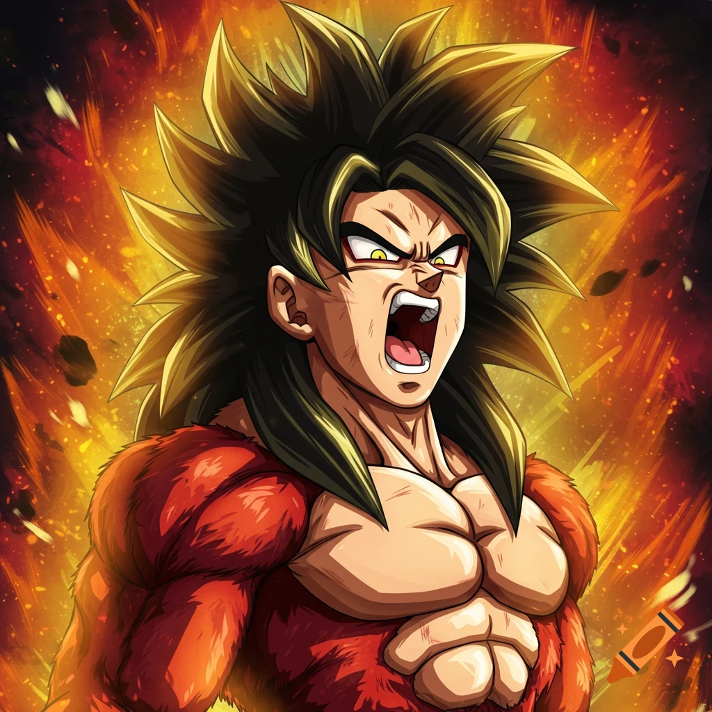 Super Saiyan 4 Goku with an angry expression against an energy background, anime style.