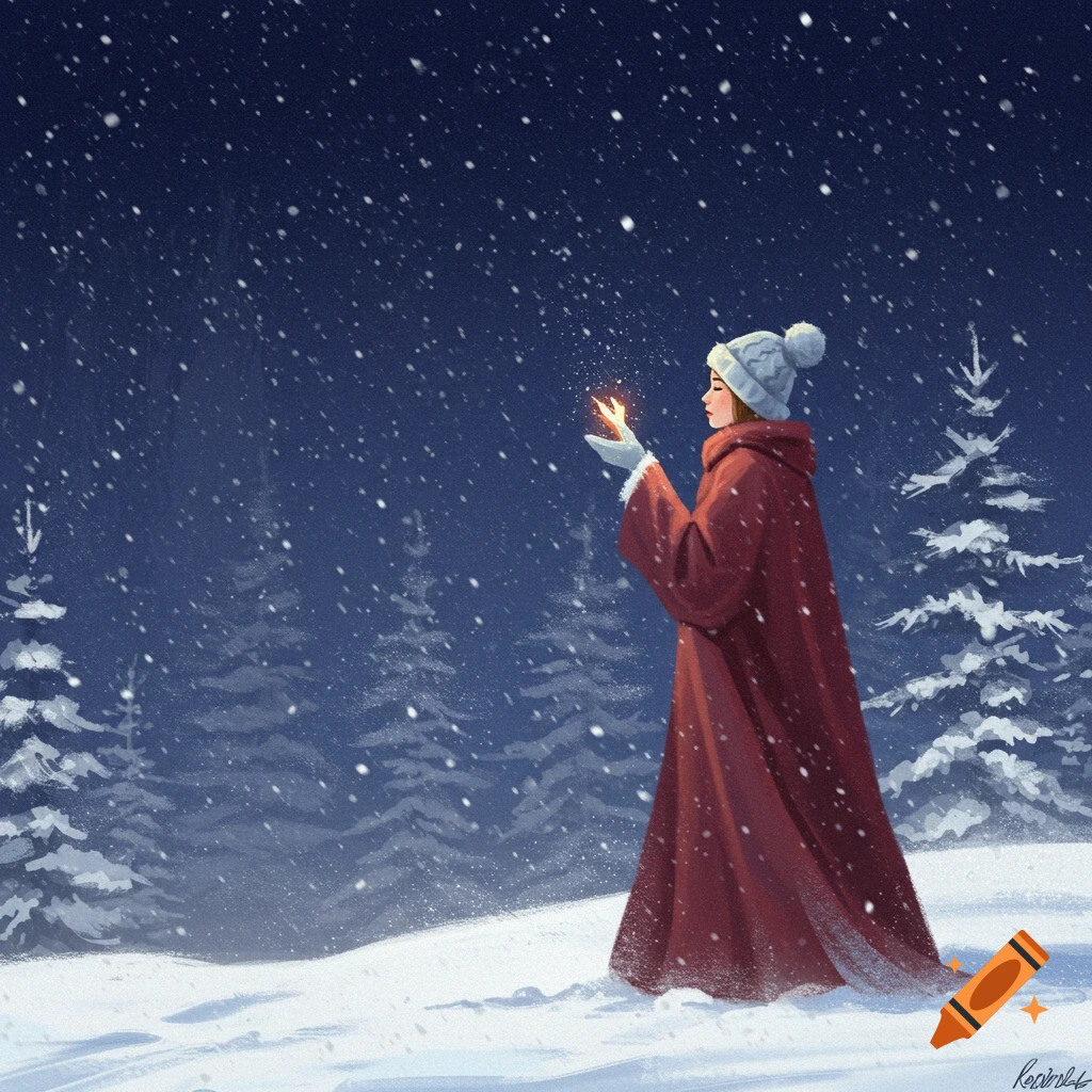 A person in a red cloak holding glowing snow in a dark, snowy forest.