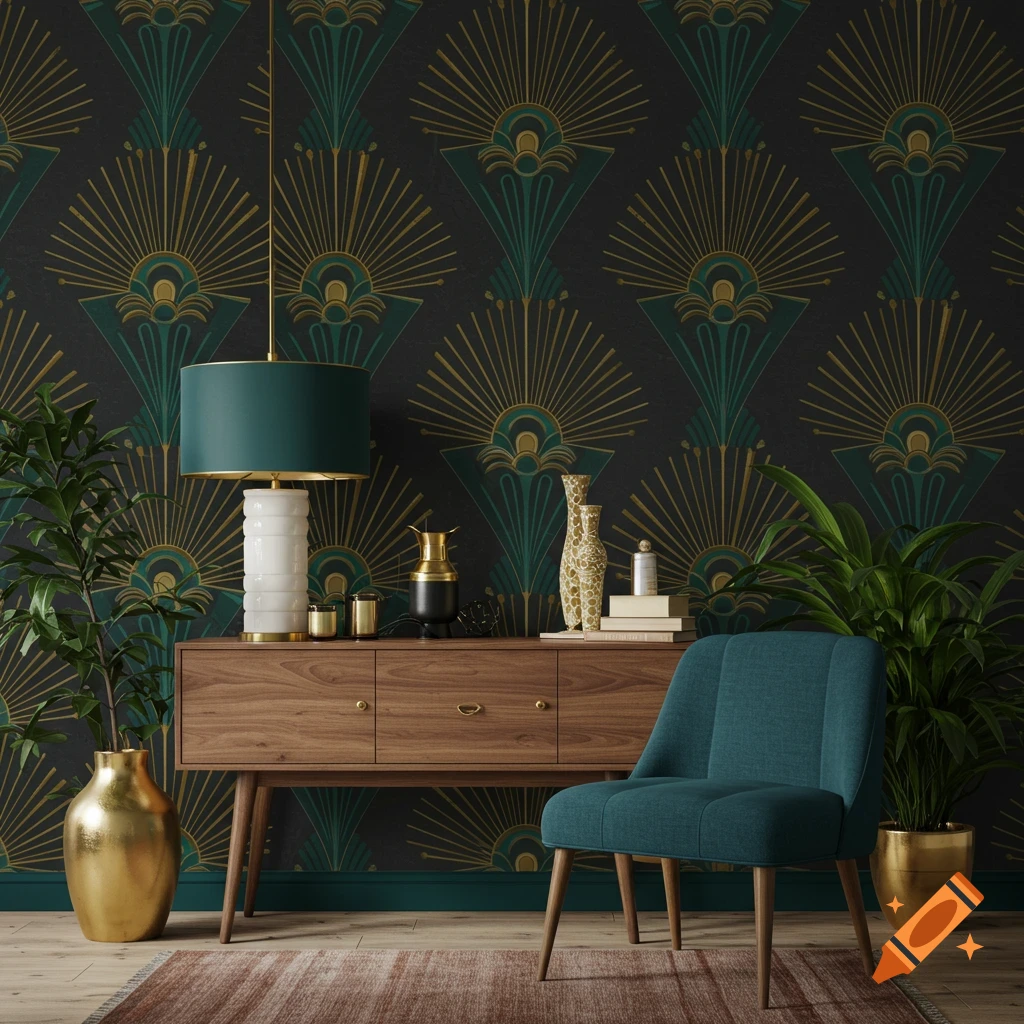 Interior scene with Art Deco style wallpaper, wooden cabinet, teal chair, lamp, and plants.