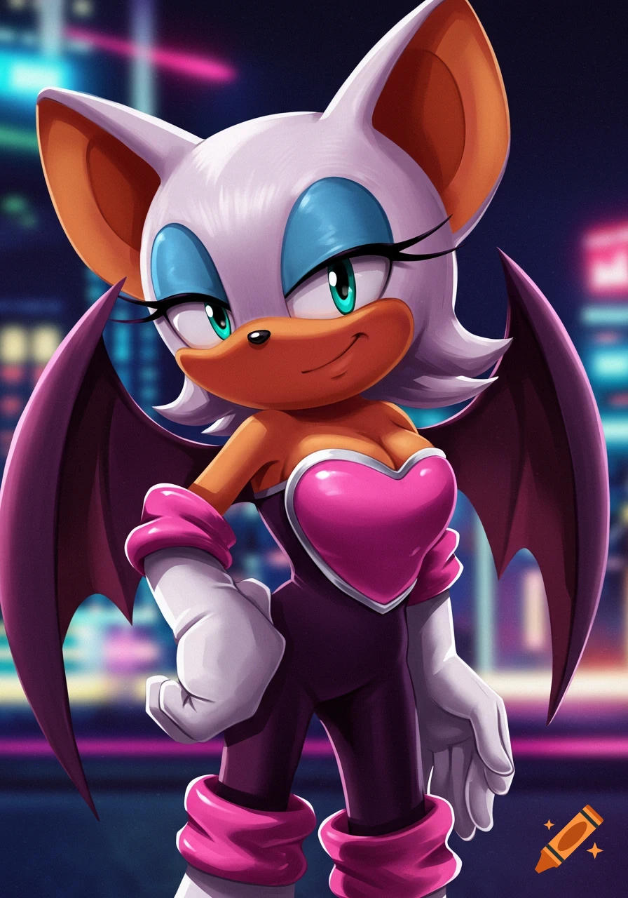 Image of Rouge the Bat from Sonic the Hedgehog series standing in a city at night.