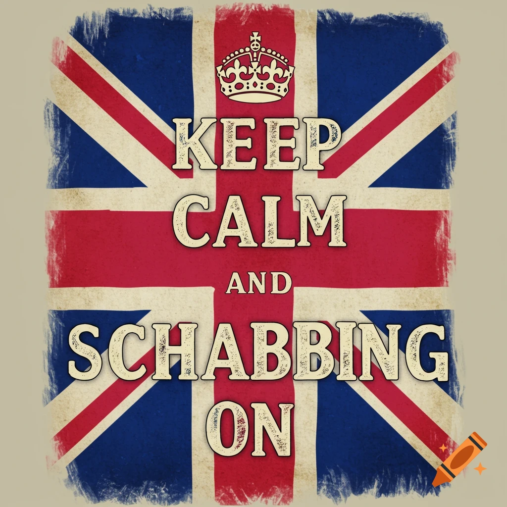 Distressed Union Jack flag with 'KEEP CALM AND SCHABBING ON' text