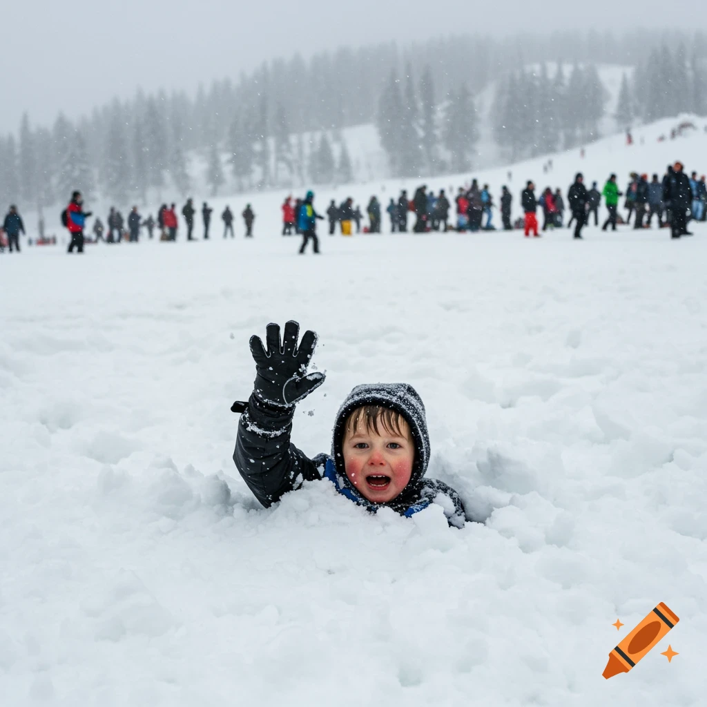 Young boy in winter clothes waving a gloved hand while partially buried in snow on a crowded snowy mountain.