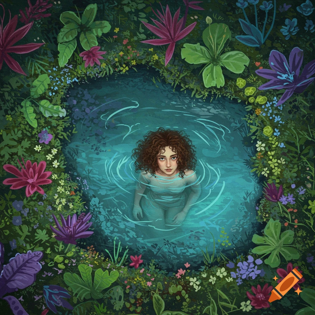 A woman floats in a pool surrounded by vibrant plants.