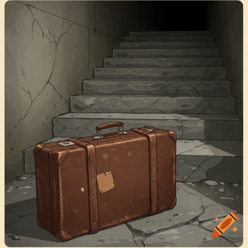 A worn brown suitcase at the base of a crumbling stone staircase.