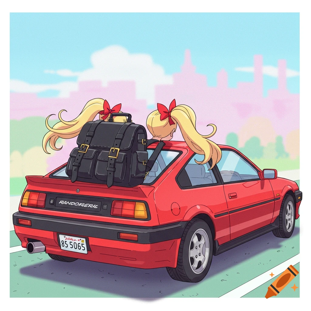 A red car is shown from the rear with a backpack and blonde pigtails sticking out of it, on a road.