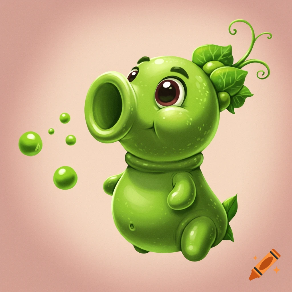 A cute cartoon peashooter character shooting green peas.
